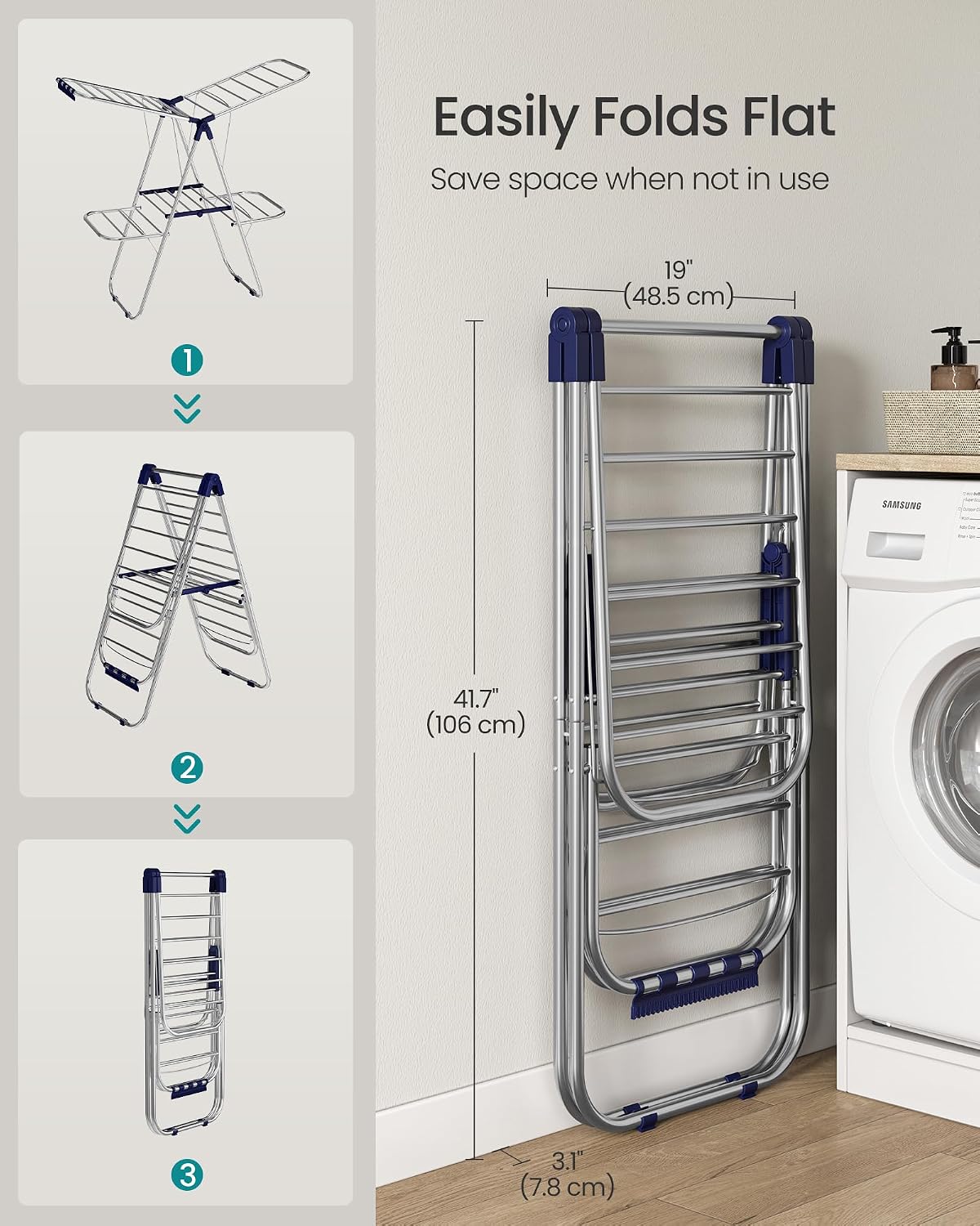 SONGMICS Clothes Drying Rack, Foldable Laundry Drying Rack, Blue | Sock Clips, Metal Clothes Airer with Height-Adjustable Gullwings, Space-Saving, Indoor Outdoor, ULLR505EQ01