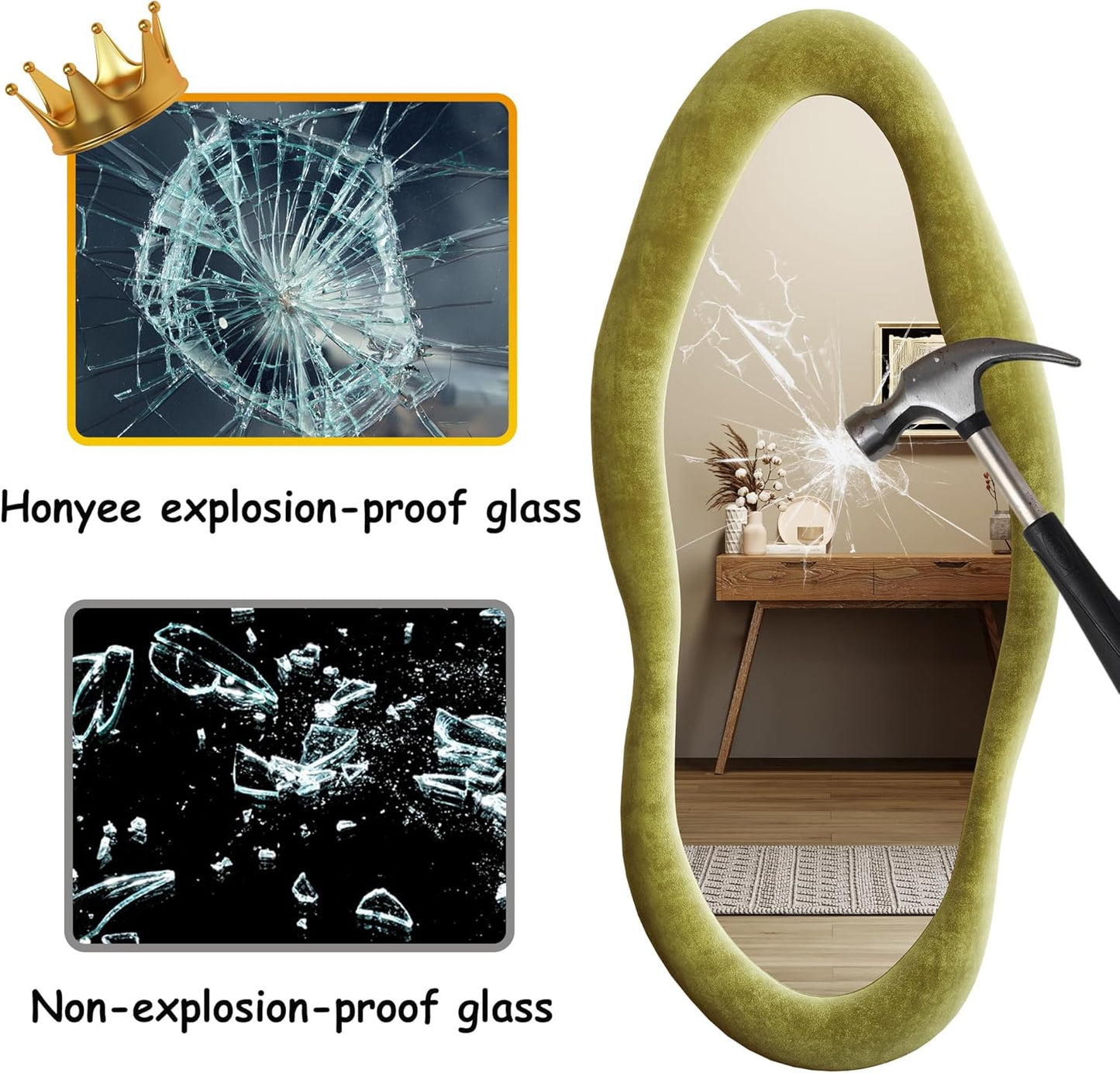 Honyee Full Length Mirror, 63" x 24" Wall Mirror, Flannel Wrapped Wooden Frame Floor Mirror, Irregular Wavy Mirror Hanging or Leaning Against Wall for Cloakroom/Bedroom/Living Room, Milk Tea
