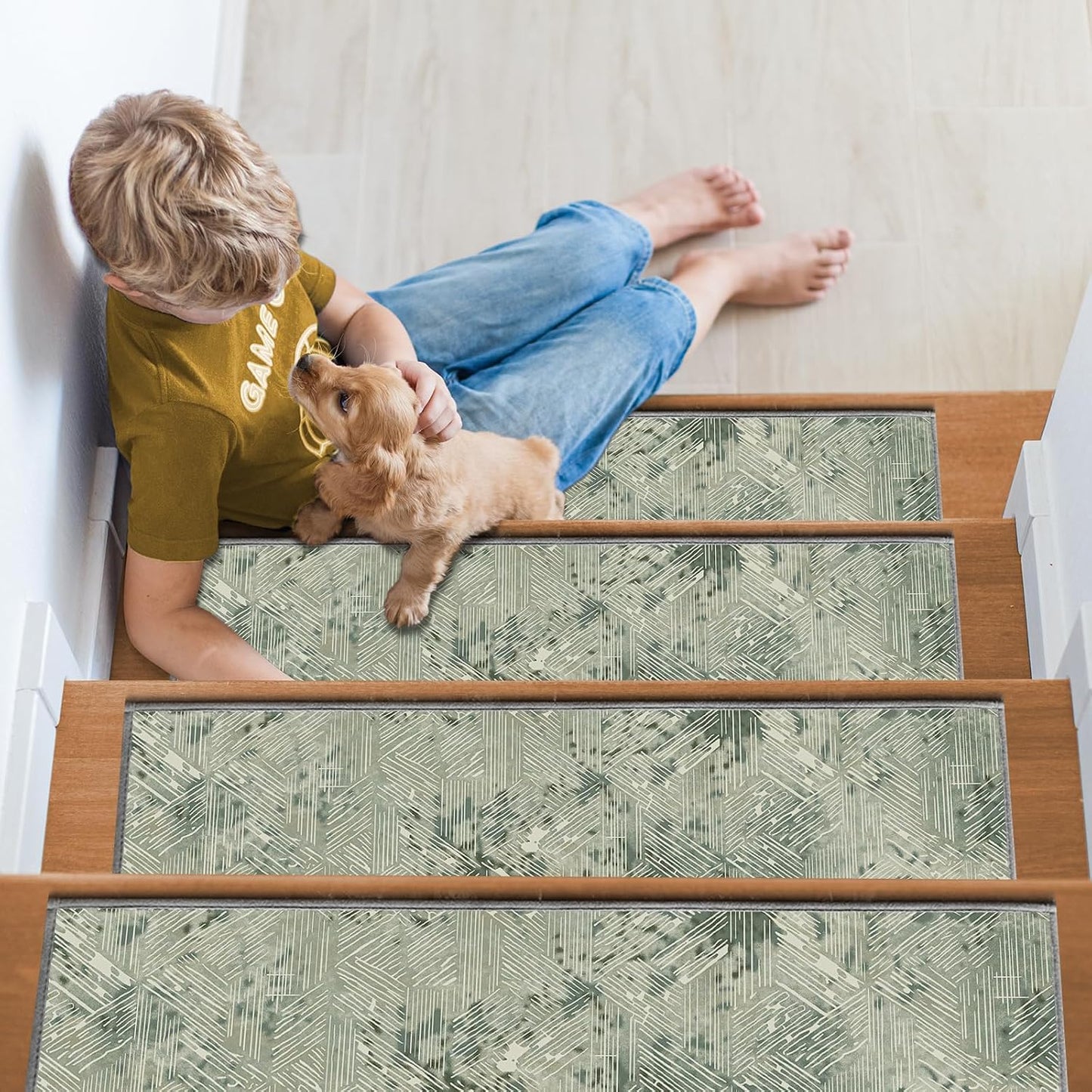 Non Slip Stair Treads for Wooden Steps, 15 Pack 8"x30" Washable Carpet | 8x30 in soft chenille polyester stair treads with reusable TPE backing for indoor wood stairs, dogs, kids, and seniors