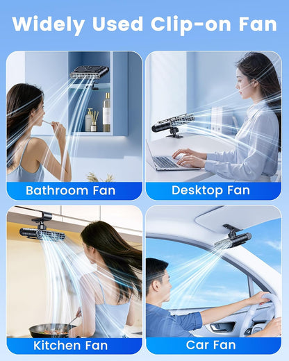 2026 Car Clip on Fan for SUV Pickup Truck RV Visors No Blocking, Portable 3000mAh Rechargeable Fan for Car Desk Kitchen Bathroom Camping - Powerful Turbo Engine 5-Speed Setting (Black)