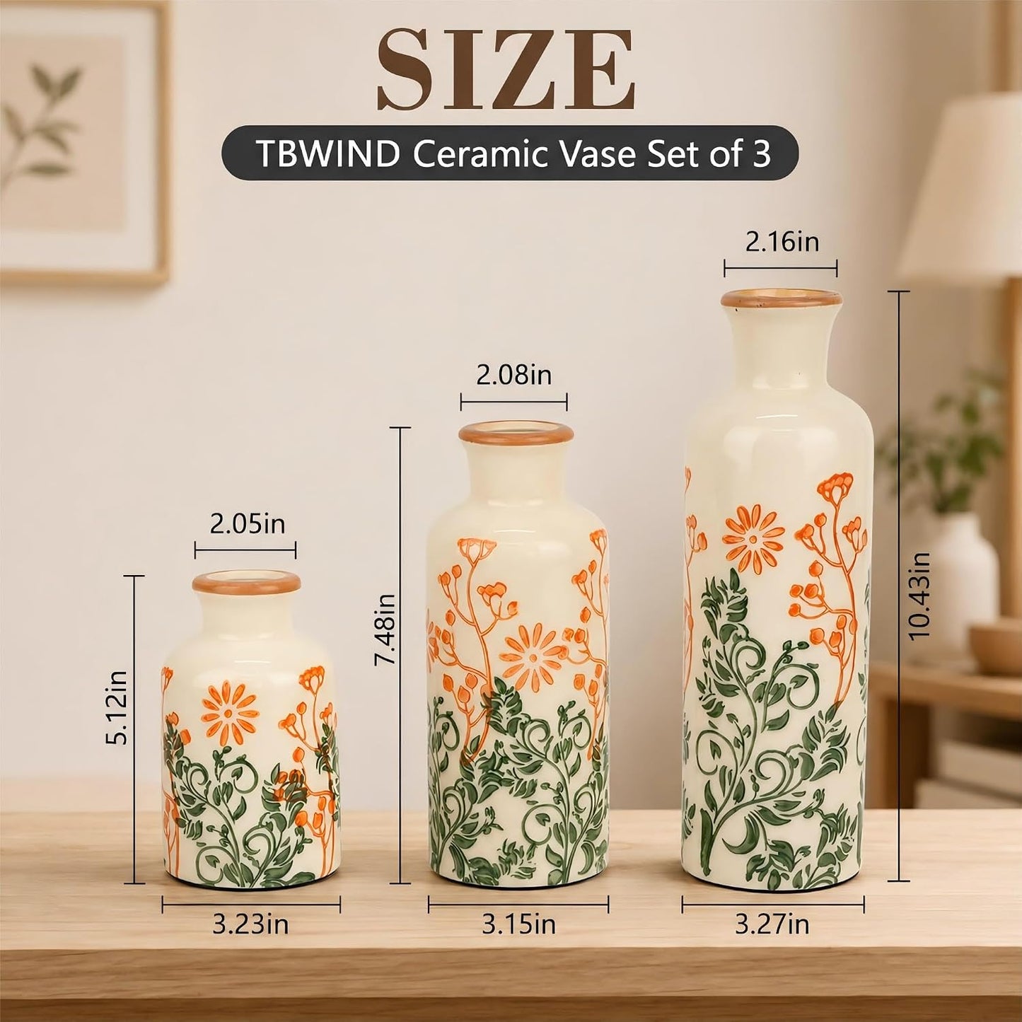 TBWIND Ceramic Vases Set of 3, Neutral Pottery Rustic Farmhouse Flower Vase | Small Decorative Flower Vases Modern Home Decor for Table Mantel Entryway Bookshelf Living Room Kitchen Bedroom