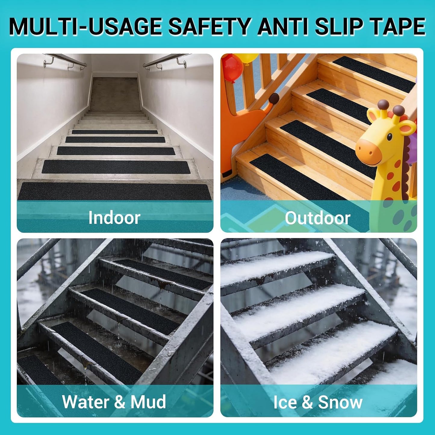 Anti Slip Tape, 12 Inch x 16 Ft Grip Tape for Stairs Outdoor/Indoor, Waterproof Non Skid Roll for Stair Treads Non Slip, High Traction Friction Abrasive Adhesive Stair Steps - Black