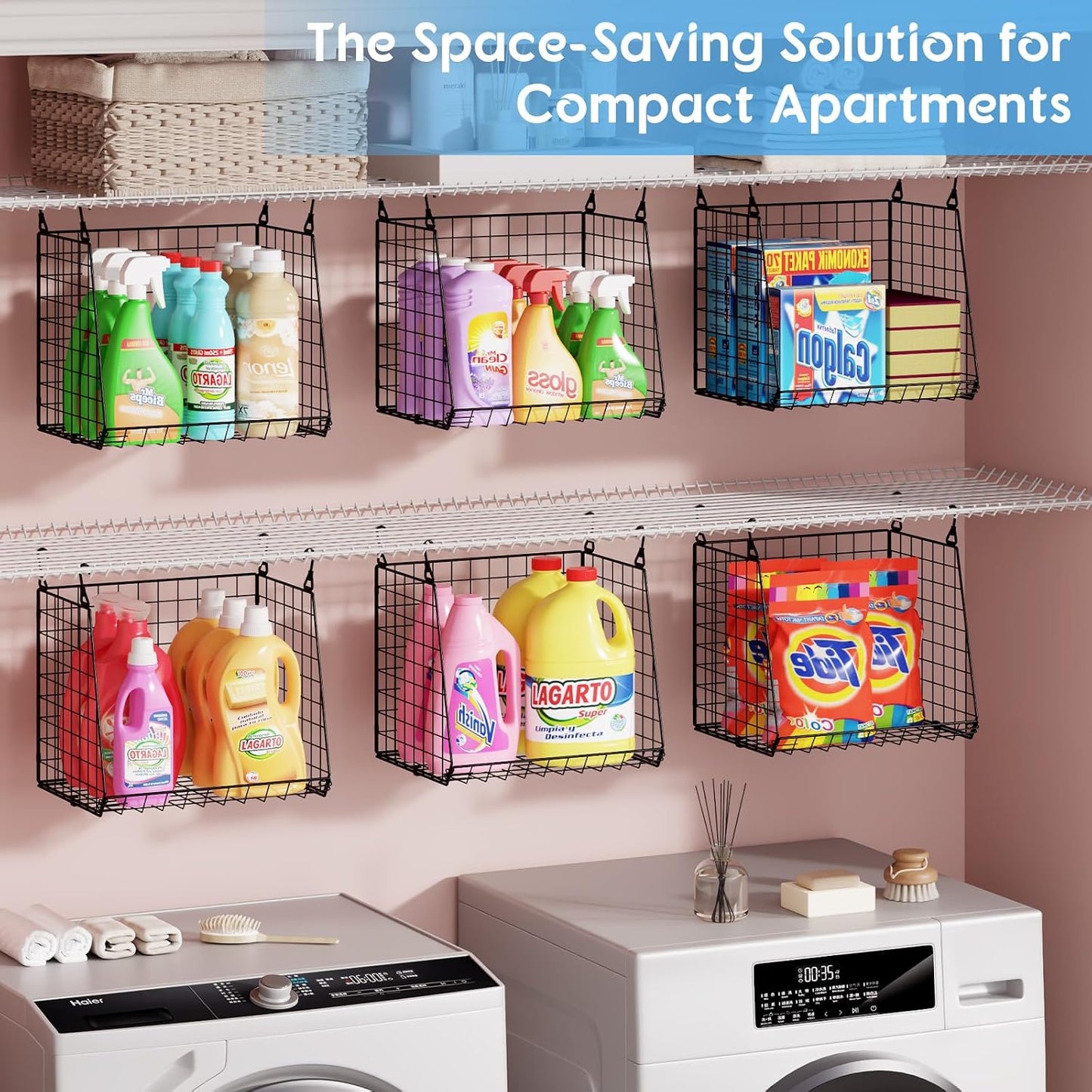 3-Pack Extra-Tall 13.6'' Hanging Laundry Basket Organizer, Foldable Wire Shelf with 360° Rotating Hooks & Reinforced Height - Durable Space-Saving Laundry Room & Closet Organizer, White Patent
