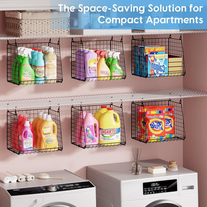3-Pack Extra-Tall 13.6'' Hanging Laundry Basket Organizer, Foldable Wire Shelf with 360° Rotating Hooks & Reinforced Height - Durable Space-Saving Laundry Room & Closet Organizer, White Patent