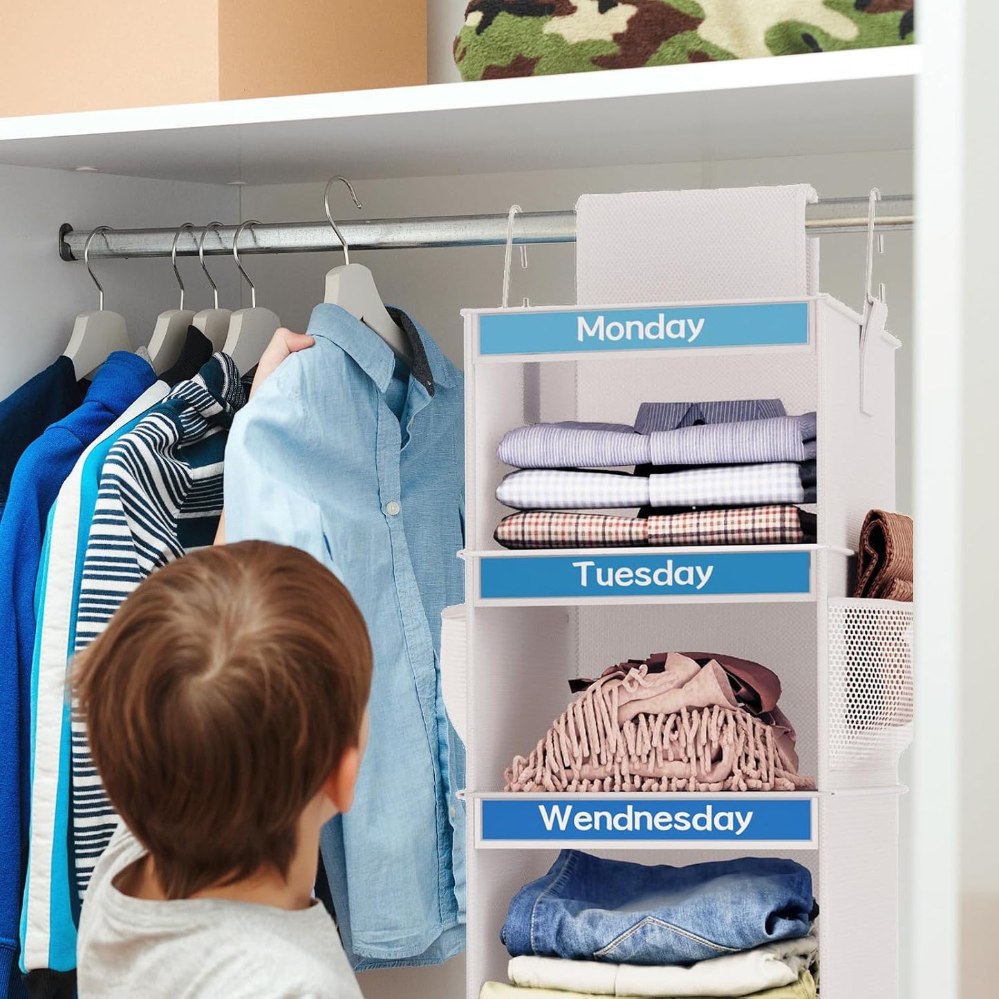 Fixwal 2 Pack 6-Shelf Weekly Hanging Closet Organizer for Kids, Kids Daily Clothes Organizers with 6 Side Pockets, Days of The Week Hanging Storage Shelves (White)