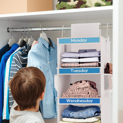 Fixwal 2 Pack 6-Shelf Weekly Hanging Closet Organizer for Kids, Kids Daily Clothes Organizers with 6 Side Pockets, Days of The Week Hanging Storage Shelves (White)