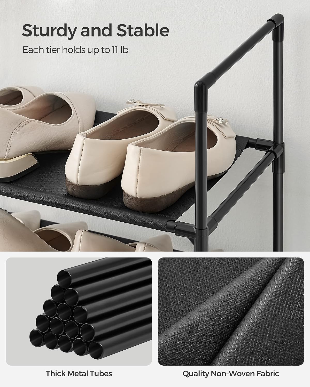 SONGMICS Shoe Rack, 10-Tier Shoe Shelf, Shoe Storage Organizer, 11 x 17.7 x 68 Inches, Metal Frame, Non-Woven Fabric Shelves, for Entryway, Bedroom, Black ULSH010B02