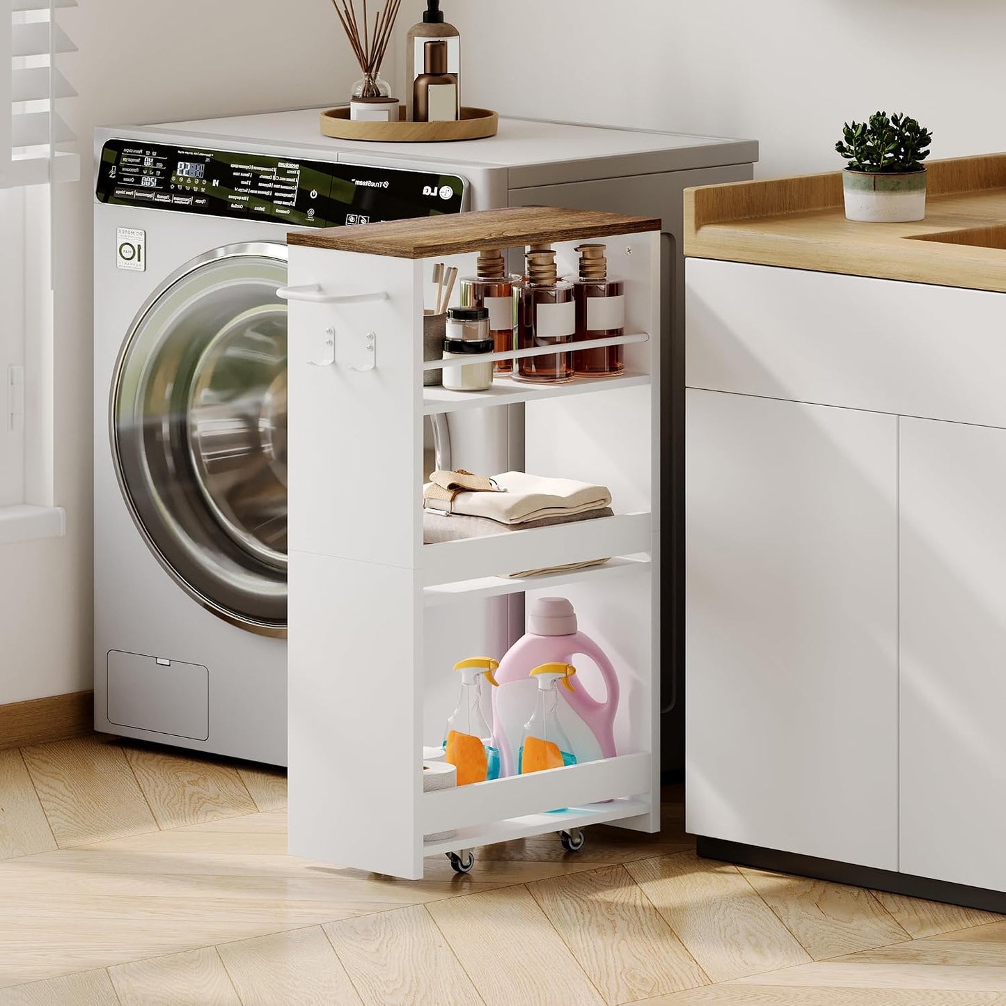 ChooChoo 4-Tier Slim Storage Cart, 7.87 inches Wide Narrow Storage Cabinet with 360° Wheels and 2 Hooks, Space-Saving Organizer for Kitchen, Narrow Places, Dining Room, Walnut+White