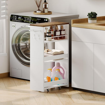 ChooChoo 4-Tier Slim Storage Cart, 7.87 inches Wide Narrow Storage Cabinet with 360° Wheels and 2 Hooks, Space-Saving Organizer for Kitchen, Narrow Places, Dining Room, Walnut+White