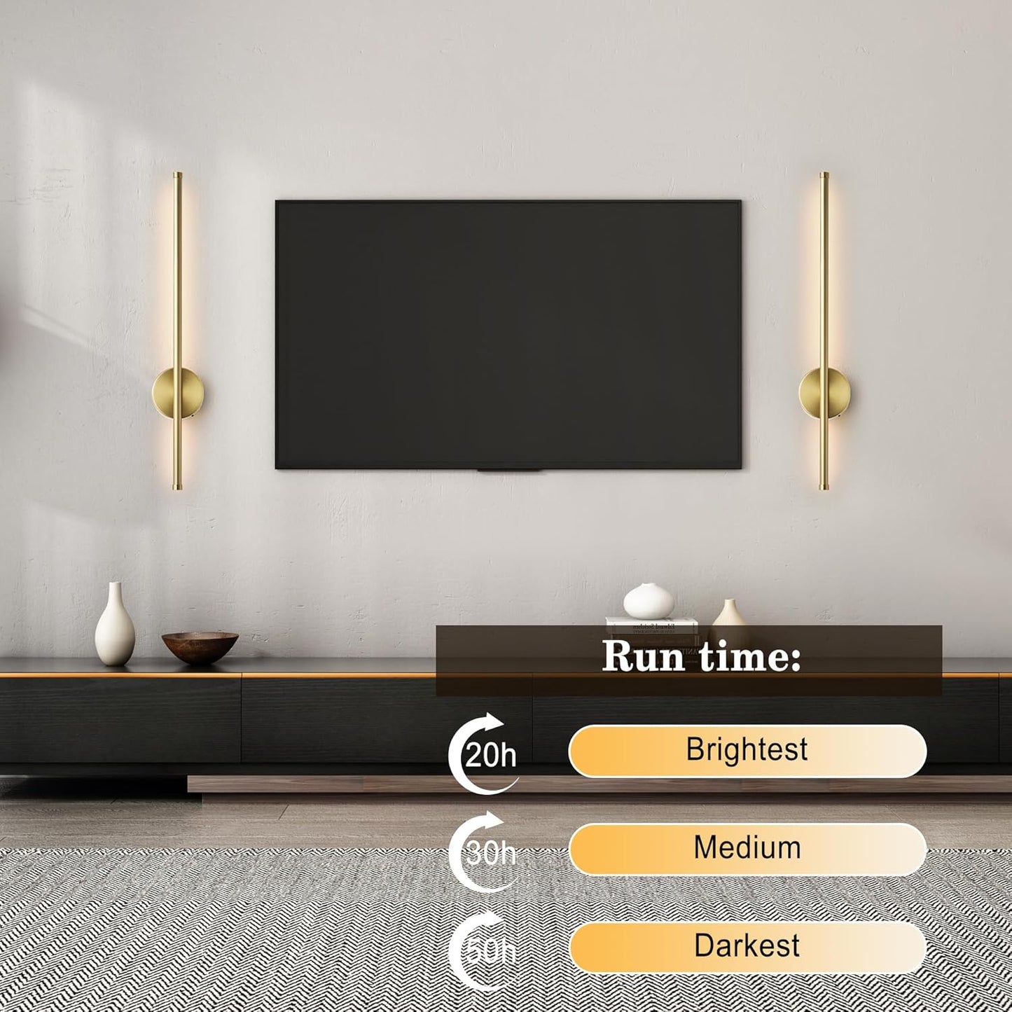 Battery Operated Modern Wall Sconces, Dimmable Wireless Wall Light Set of Two with Remote Control, 3 Color Temperatures, Rechargeable LED Wall Sconce for Bedroom, Living Room, Hallway, 23.6 Inch Brass