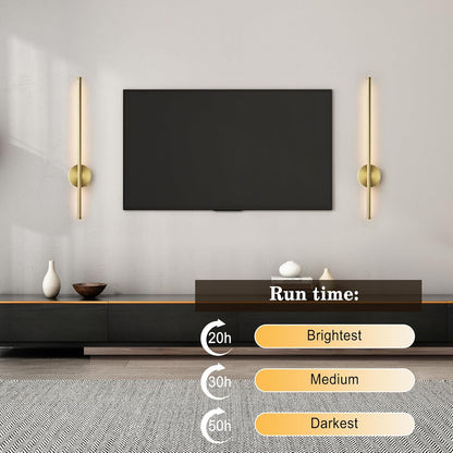 Battery Operated Modern Wall Sconces, Dimmable Wireless Wall Light Set of Two with Remote Control, 3 Color Temperatures, Rechargeable LED Wall Sconce for Bedroom, Living Room, Hallway, 23.6 Inch Brass