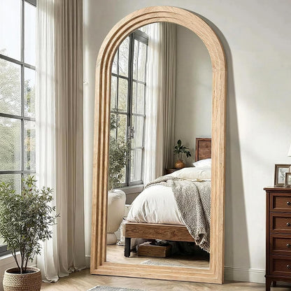 Delma Arched Full Length Floor Mirror with Stand, 75x35 Rustic Farmhouse Solid Wood Frame Wall Mirror for Bedroom, Living Room, Vertical Hanging & Standing(Brown)
