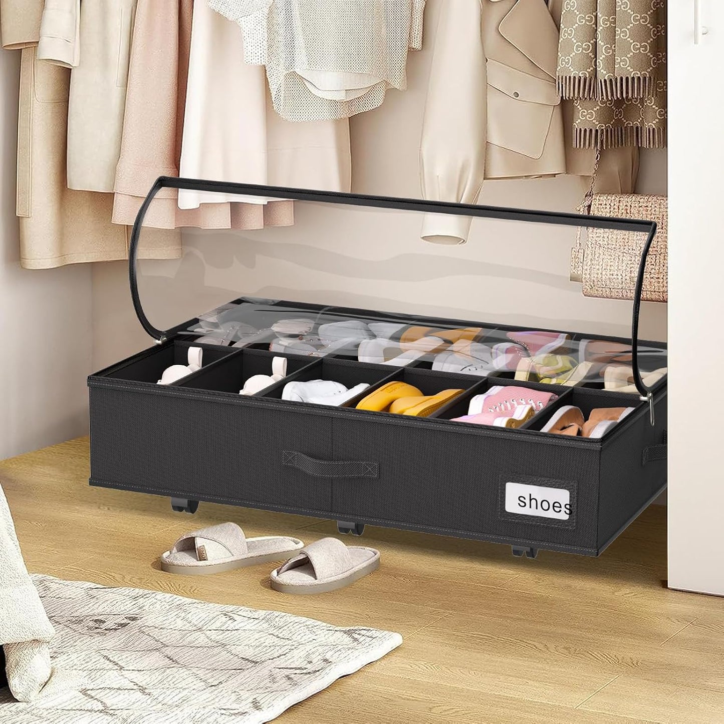 homyfort Under Bed Shoe Storage with Wheels, Fits 24 Pairs, Rolling Shoe Organizer with Bottom Support & Clear Lids, Sturdy Under Bed Storage Box for Shoes, Set of 2, Grey