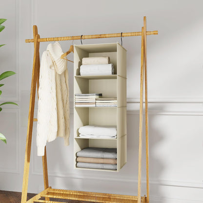 Hanging Closet Organizer 3-Shelf, Oxford Fabric Wardrobe Storage, Gray | Easy-mount foldable design holds clothes, handbags, shoes & accessories; washable Oxford fabric, sturdy and space-saving.