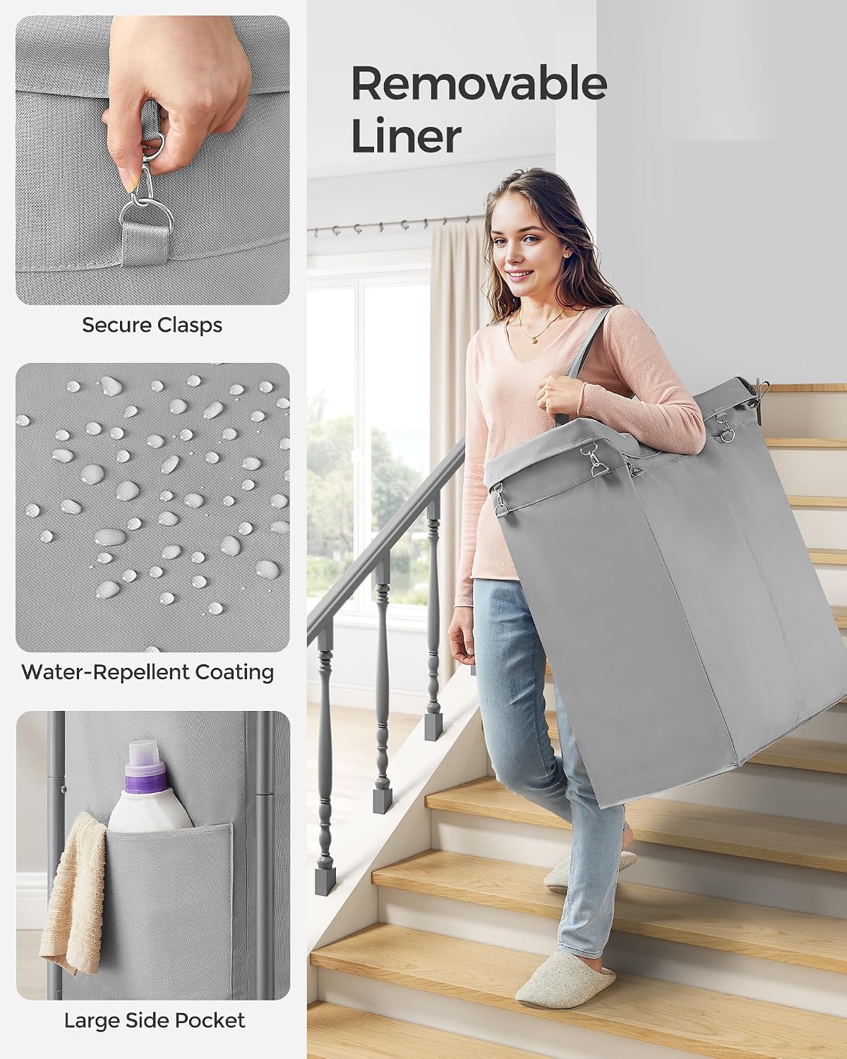 SONGMICS Laundry Basket with Wheels, 3-Section Rolling Laundry Hamper, 52.8 Gallons (200 L), Removable Liner, Steel Frame with Handle, 35.8 x 15.4 x 31.9 Inches, Cream White URLS005W01