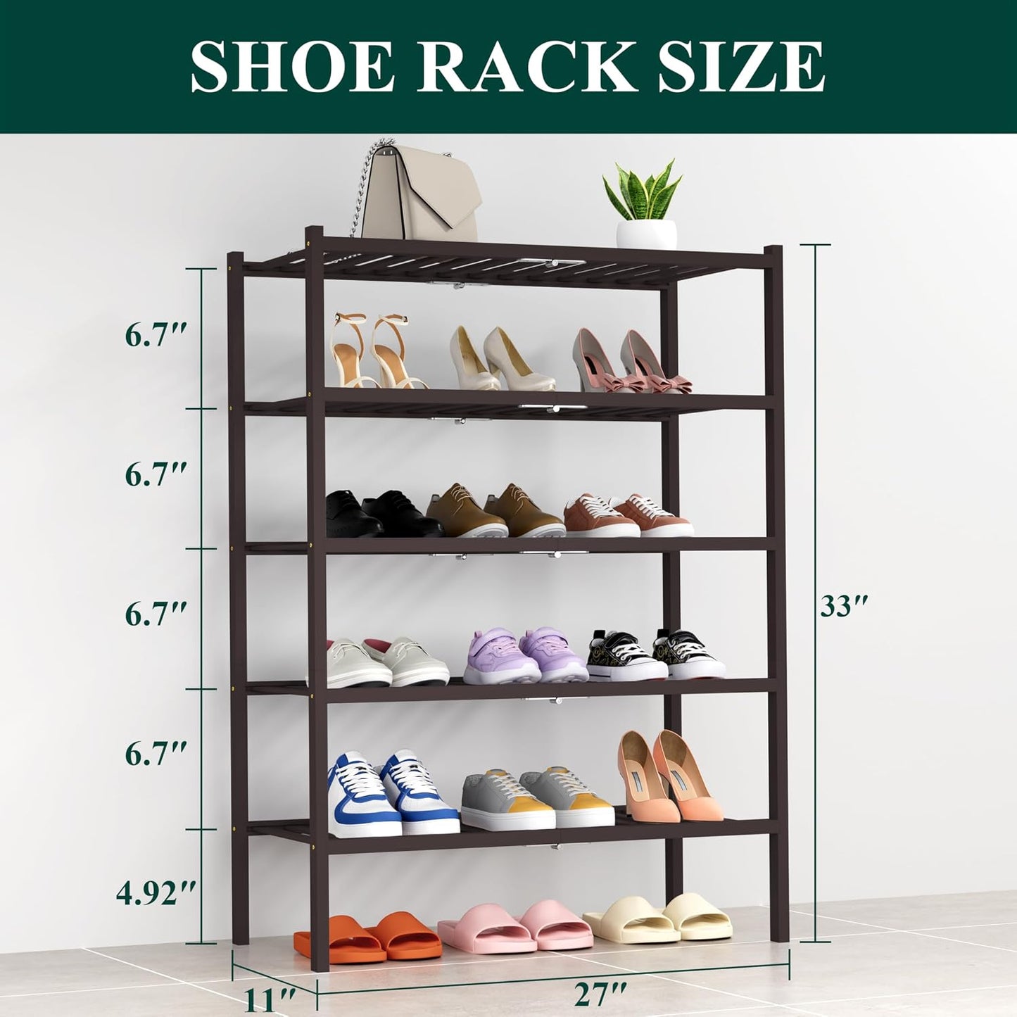 Smiry Bamboo Shoe Rack, 3 Tier Free Standing Wooden Shoe Organizer, Stackable Wood Shoe Storage Shelf for Closet, Entryway, 12 Vertical Slats, 2+1 Stack Standard Legs, 26.8"x11"x19.5", Natural