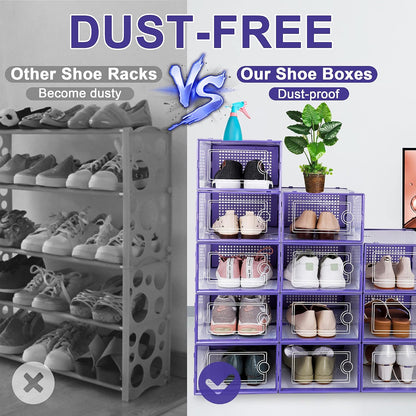 Kuject 12 Pack Large Shoe Boxes, Clear Stackable Containers with Lids,Black | Shoe organizers for closet & entryway, under-bed,Drop-front design fits women's size 10