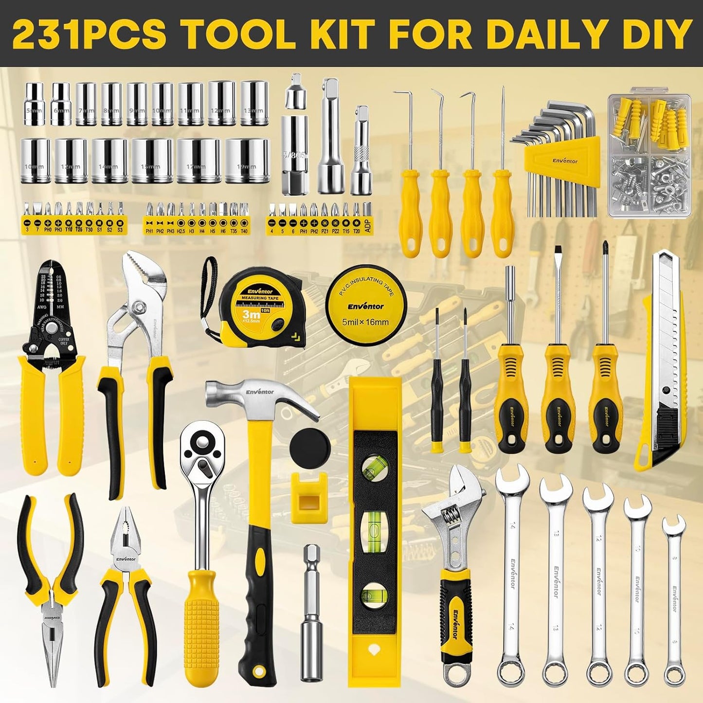 Enventor Tool Set, 231 Piece Home Tool Kit with Toolbox, Combination Wrench and Hand Tools for Home Repairs, Auto Maintenance, DIY & General Use, Household Repair Tools for Men & Women