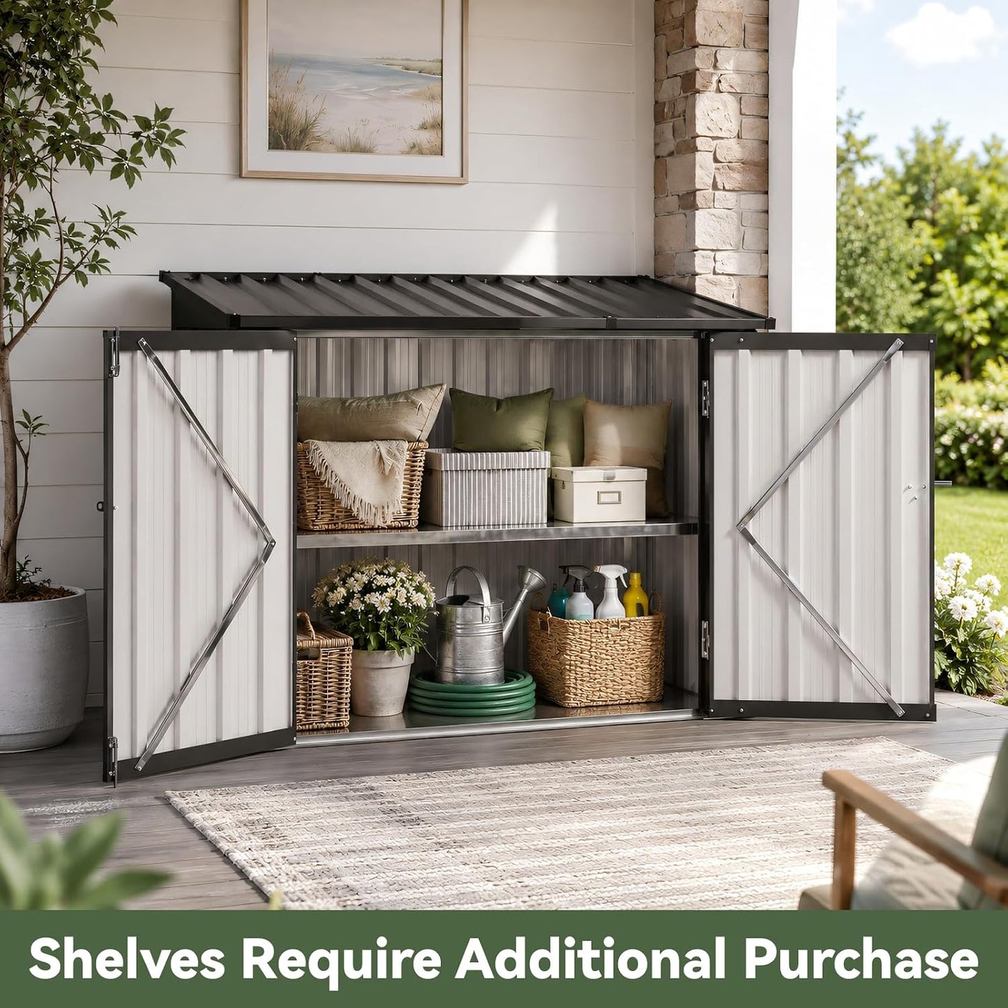 Aoxun Outdoor Storage Cabinet, 35 Cu.Ft Metal Storage Shed with Floor, All-Weather Outdoor Storage Box with Hydraulic Lid, Lockable Doors for Patio Garden Garage, Black