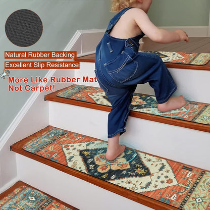 OJIA Non-Slip Carpet Stair Treads for Wooden Steps Set of 15, 30''X8'' Indoor Runner Resistant Rugs Rubber Safety Mats for Dogs, Kids & Elders, Stairway Grip