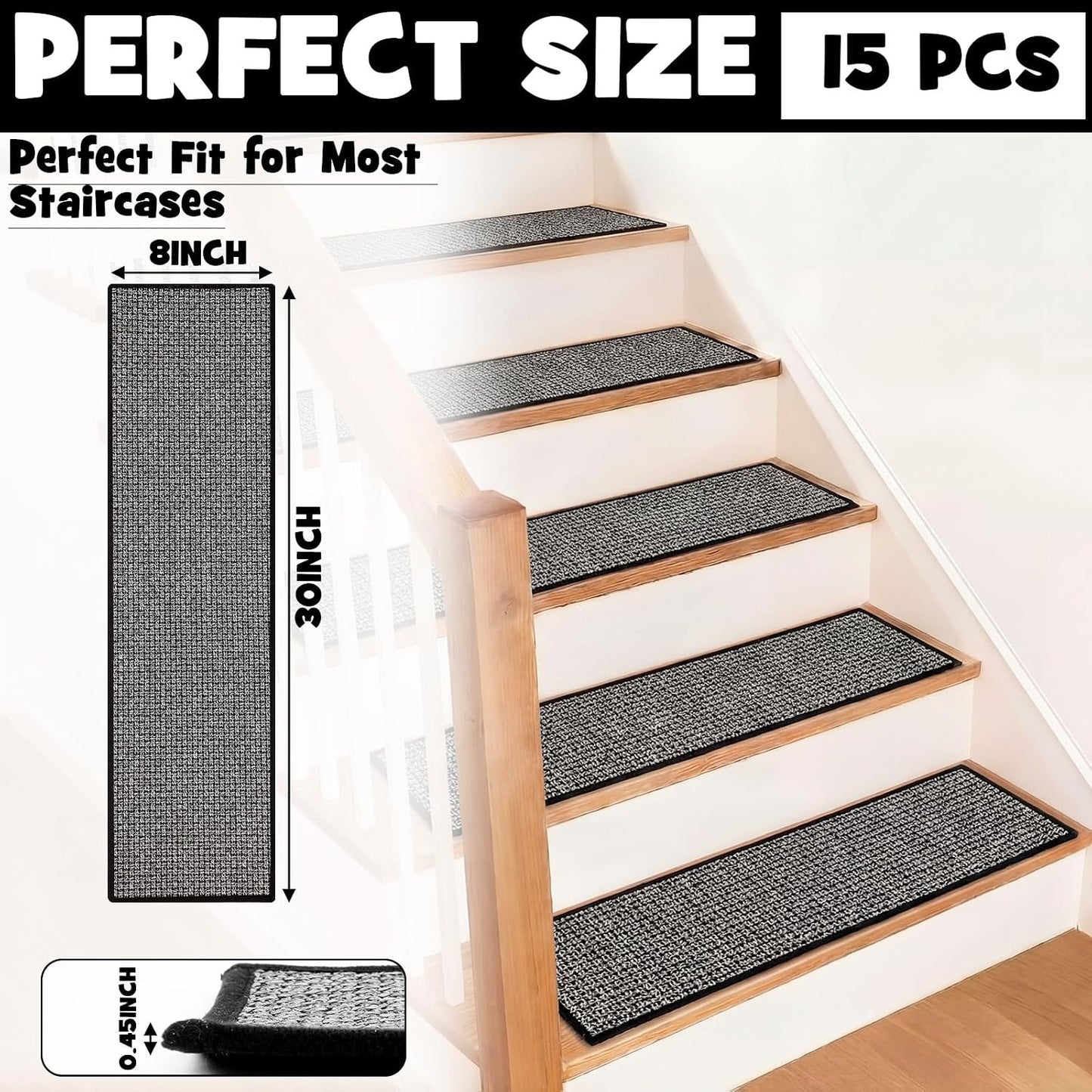 Dunzy 15 Pack Neutral Stair Treads for Wooden Step Self-adhesive Woven Stair Treads Indoor 8x30'' Non-slip Step Carpet Machine Washable Runner Safety Rug Mat for Carpet Elders Pets(Black Coffee Color)