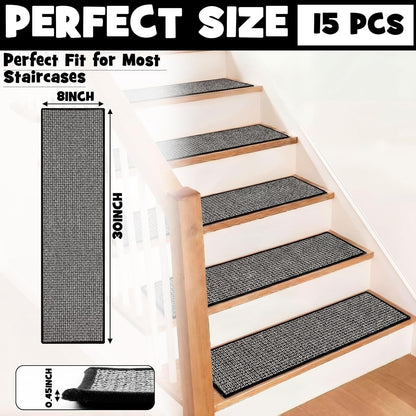 Dunzy 15 Pack Neutral Stair Treads for Wooden Step Self-adhesive Woven Stair Treads Indoor 8x30'' Non-slip Step Carpet Machine Washable Runner Safety Rug Mat for Carpet Elders Pets(Black Coffee Color)