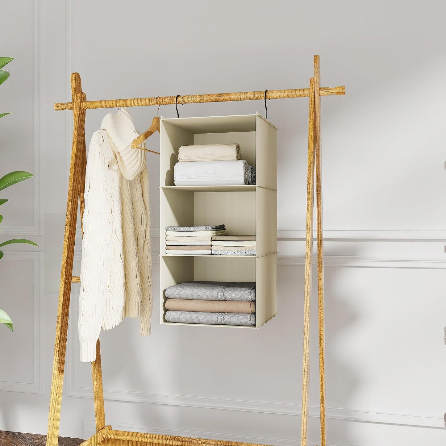 Hanging Closet Organizer 3-Shelf, Oxford Fabric Wardrobe Storage, Gray | Easy-mount foldable design holds clothes, handbags, shoes & accessories; washable Oxford fabric, sturdy and space-saving.