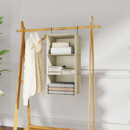 Hanging Closet Organizer 3-Shelf, Oxford Fabric Wardrobe Storage, Gray | Easy-mount foldable design holds clothes, handbags, shoes & accessories; washable Oxford fabric, sturdy and space-saving.