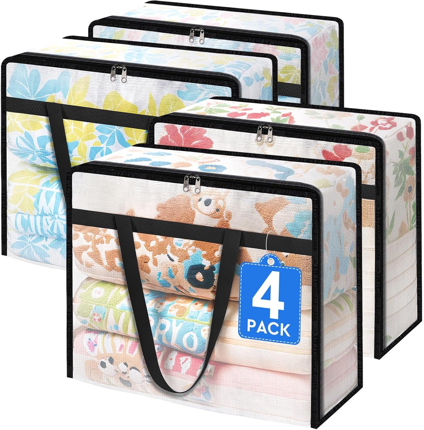 TasticTotes 6 Pack Clear Storage Bags for Comforter, Clothes & Bedding, Plastic Blanket Storage with Zipper and Handle, Moving Bags, Closet Organizer and Under-Bed Storage (40L)