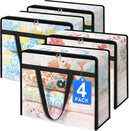 TasticTotes 6 Pack Clear Storage Bags for Comforter, Clothes & Bedding, Plastic Blanket Storage with Zipper and Handle, Moving Bags, Closet Organizer and Under-Bed Storage (40L)