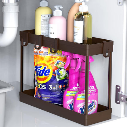 Simple Houseware 2-Tier Under Sink Organizer Storage Tray with Hooks, White