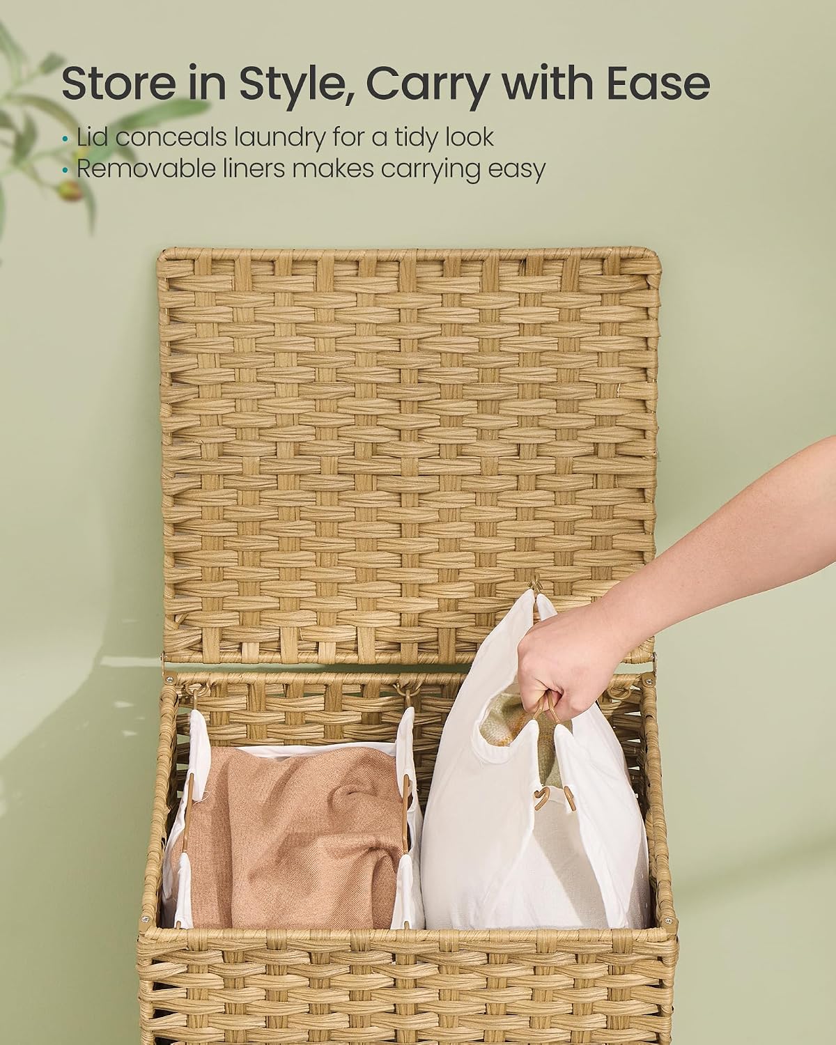 SONGMICS 3-Section Laundry Hamper with Lid, 42.2 Gal (160L) PE Rattan Laundry Basket with Removable Washable Liners, for Bedroom & Living Room, Chestnut Brown ULCB223ME01