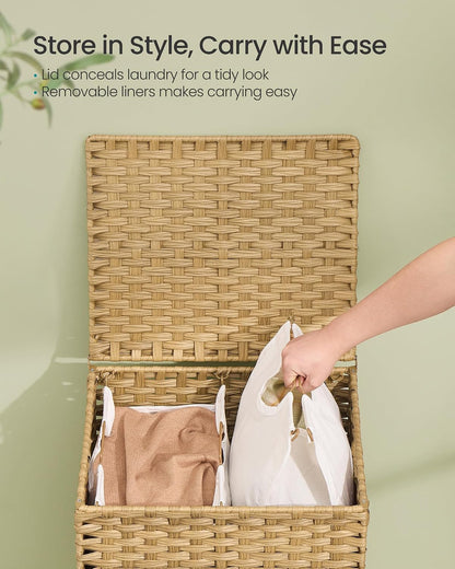 SONGMICS 3-Section Laundry Hamper with Lid, 42.2 Gal (160L) PE Rattan Laundry Basket with Removable Washable Liners, for Bedroom & Living Room, Chestnut Brown ULCB223ME01