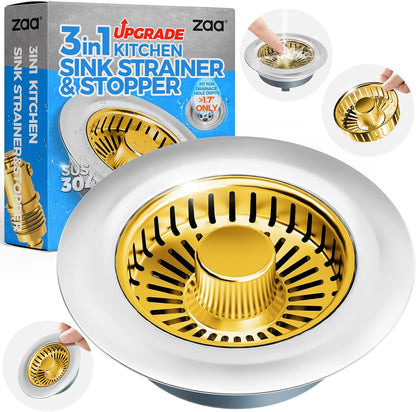 Sink Drain Strainer - Sink Stopper Kitchen Drain, 3 in 1 Kitchen Sink Drain Strainer with Anti-Clogging Basket, Kitchen Gadgets Clearance Sink Accessories, Fit US Standard 3-1/2'' Sink Hole, Silver