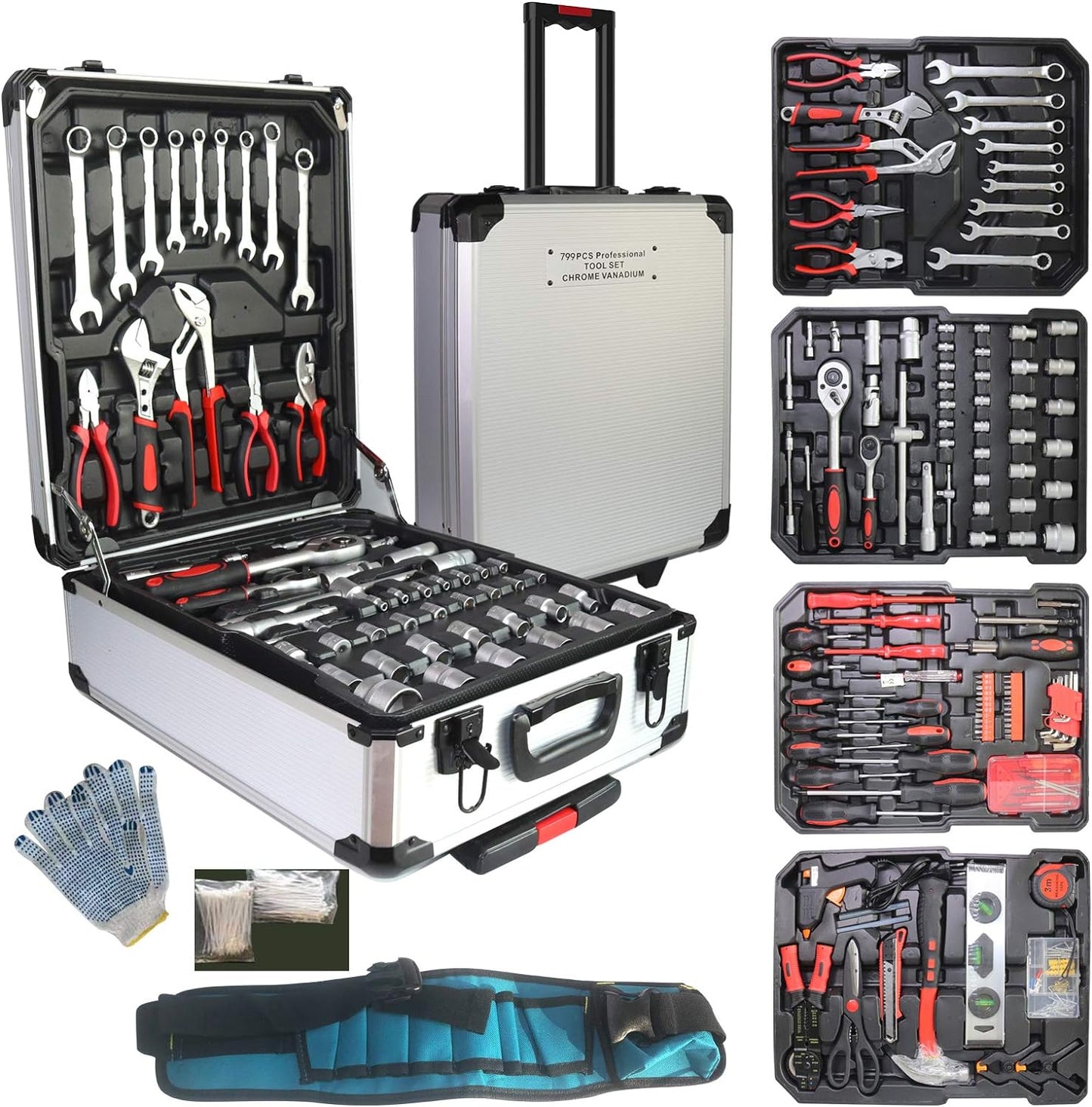 Arcwares 799pcs Aluminum Trolley Case Tool Set Silver, House Repair Kit Set, Household Hand Tool Set, with Tool Belt,Gift on Father's Day (Black)