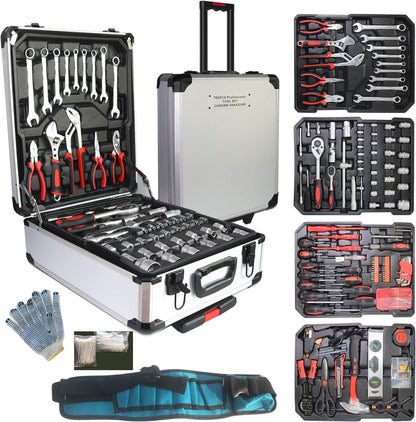 Arcwares 799pcs Aluminum Trolley Case Tool Set Silver, House Repair Kit Set, Household Hand Tool Set, with Tool Belt,Gift on Father's Day (Black)