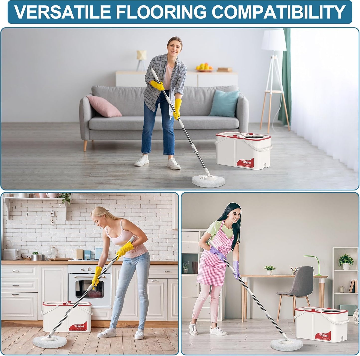 Spin Mop for Large Homes & Big Floor Cleaning, Clean & Dirty Water Separation Mop Bucket for Family & Pet Homes,4-Chamber System, Glide Wheels, Safe for Hardwood & Tile, Adjustable Handle, 6 Mop Heads
