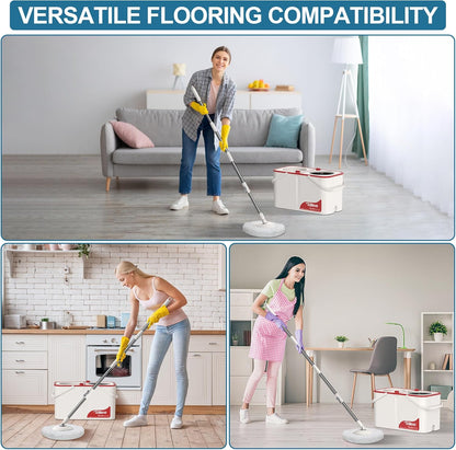 Spin Mop for Large Homes & Big Floor Cleaning, Clean & Dirty Water Separation Mop Bucket for Family & Pet Homes,4-Chamber System, Glide Wheels, Safe for Hardwood & Tile, Adjustable Handle, 6 Mop Heads