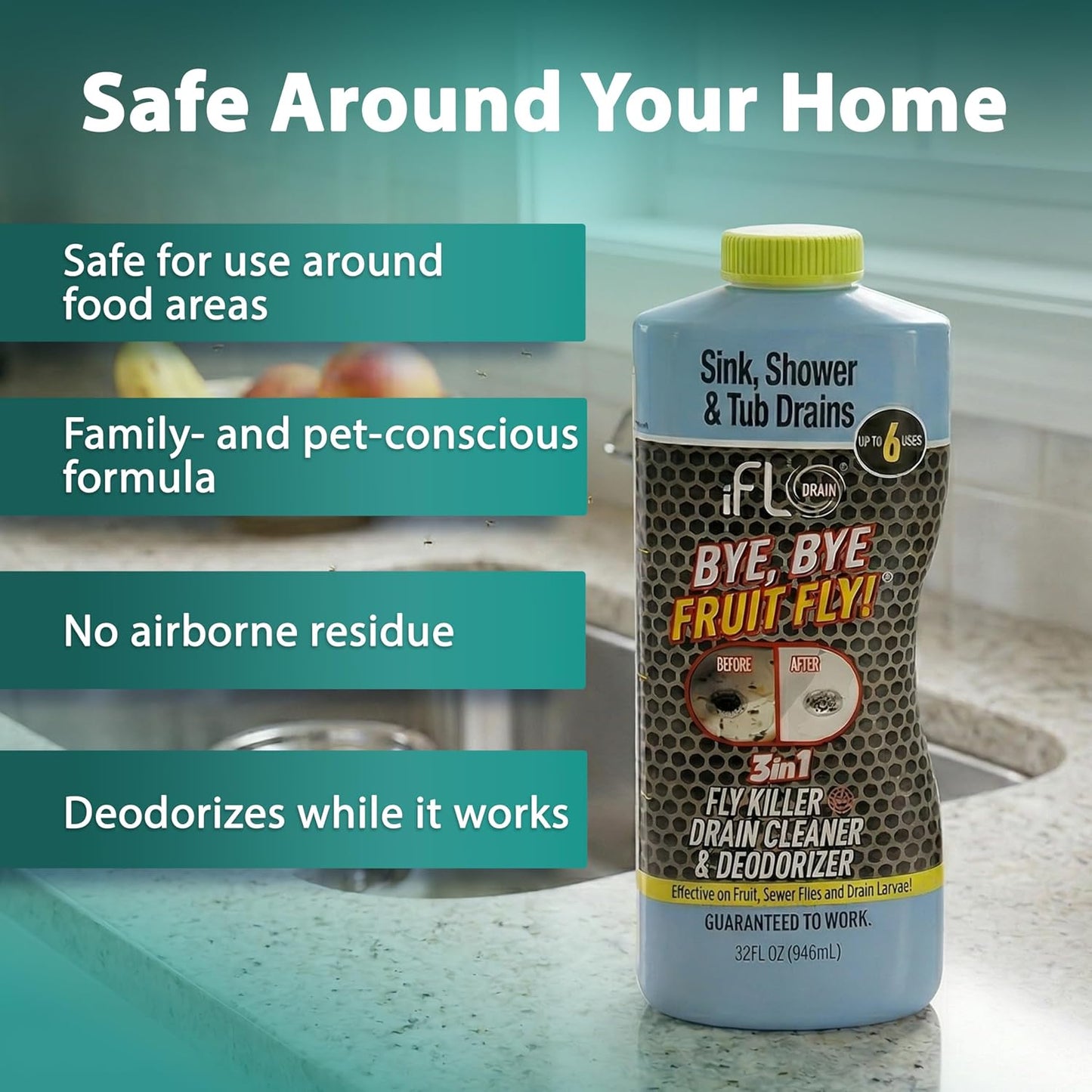 iFLO Bye Bye Fruit Fly Eliminator & Drain Cleaner – Mint Scent – Attracts & Eliminates Fruit Flies, Their Larvae, Drain Flies & Sewer Flies – Safe for Sink, Bathroom & Food Areas - 32oz