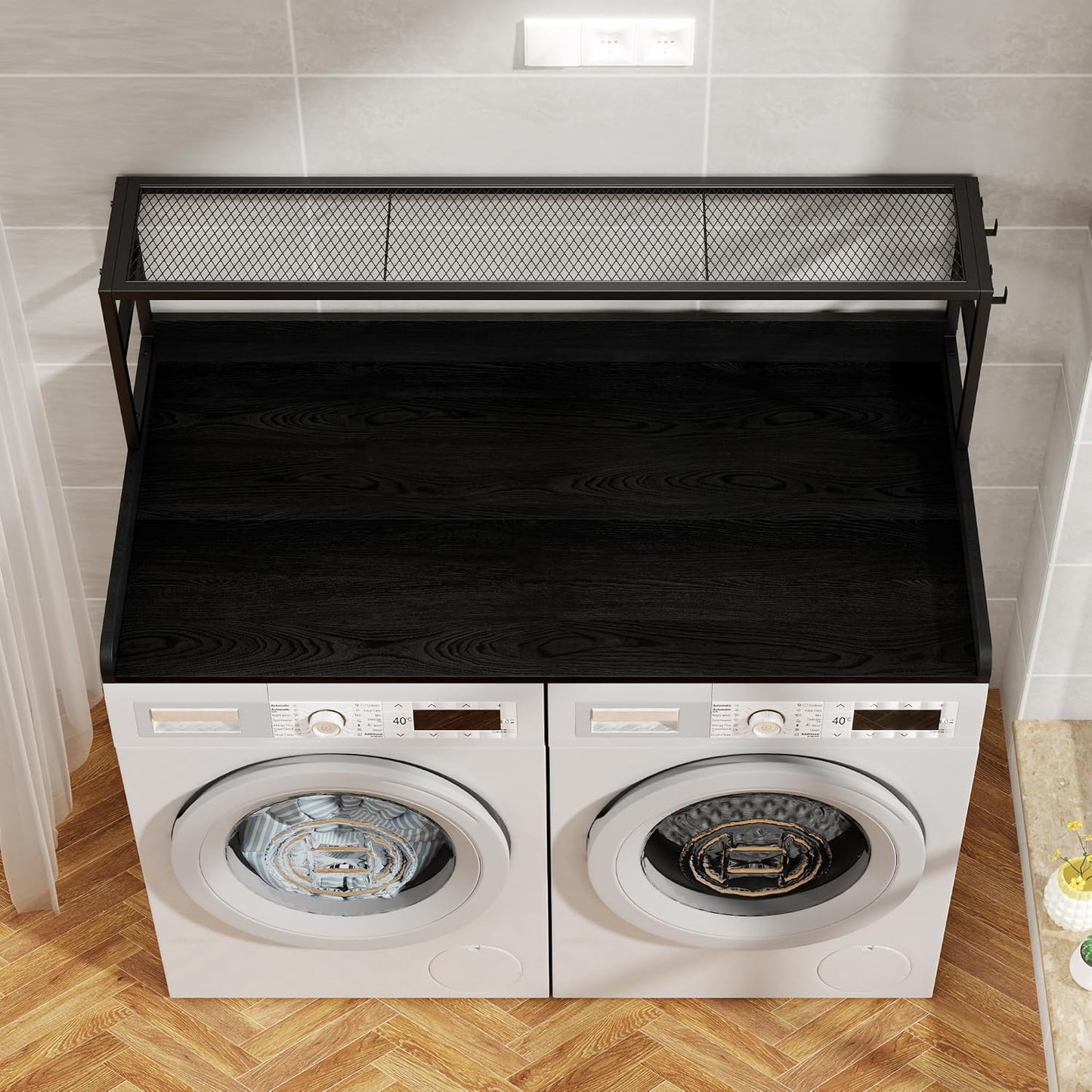 Washer Dryer Countertop with Shelf, Washer Dryer Topper, Solid Wood Washers and Dryers Countertop, 54" Width x 27.5" Depth Laundry Countertop for Laundry Room Organization and Storage, Black