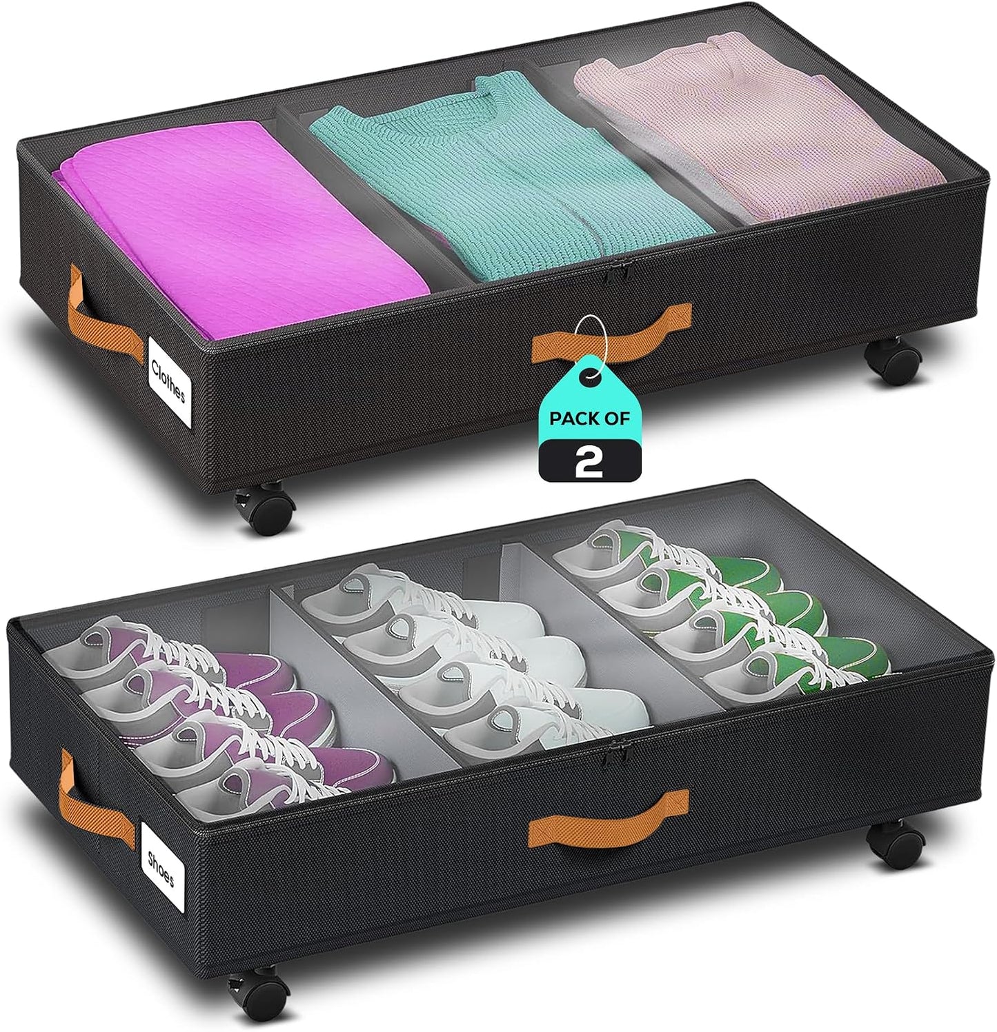 Under Bed Storage with Wheels, 2 Pack (36L Each)| Low Profile Storage Organizer with Clear Window, Double Zipper & 360° Locking Wheels – Rolling Metal Drawer for Clothes, Shoes, & More (Gray)