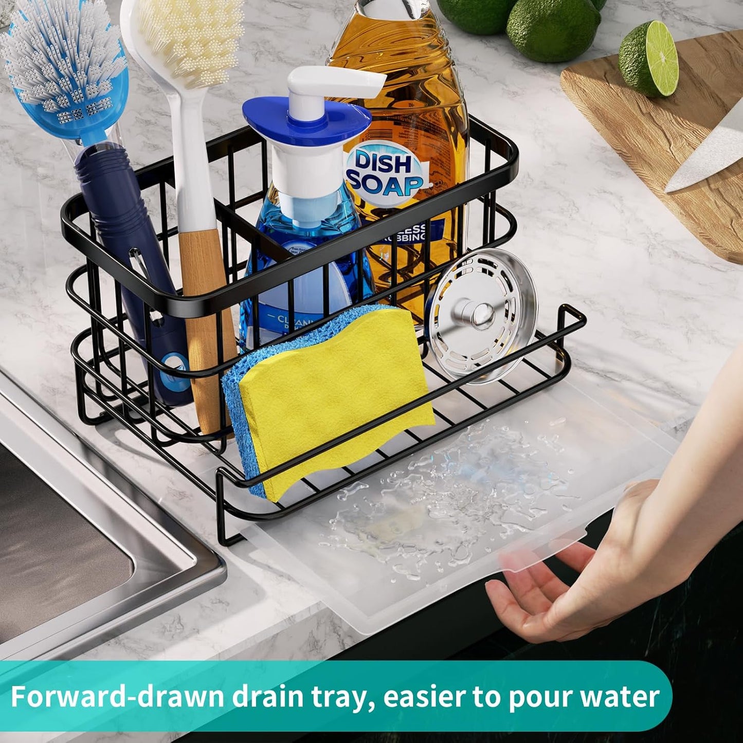 HapiRm Kitchen Sink Organizer, SUS304 Stainless Steel Rustproof Multifunctional Large Sink Caddy with Sponge Holder and Drain Tray for Kitchen Countertop (Silver)