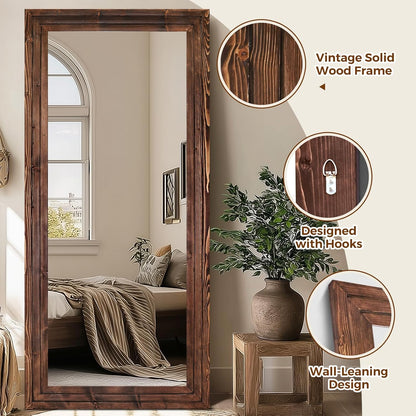 65"x22" Full Length Mirror Solid Wood Frame Floor Mirror with Stand for Living Room, Bedroom Hanging Standing or Leaning, Brown