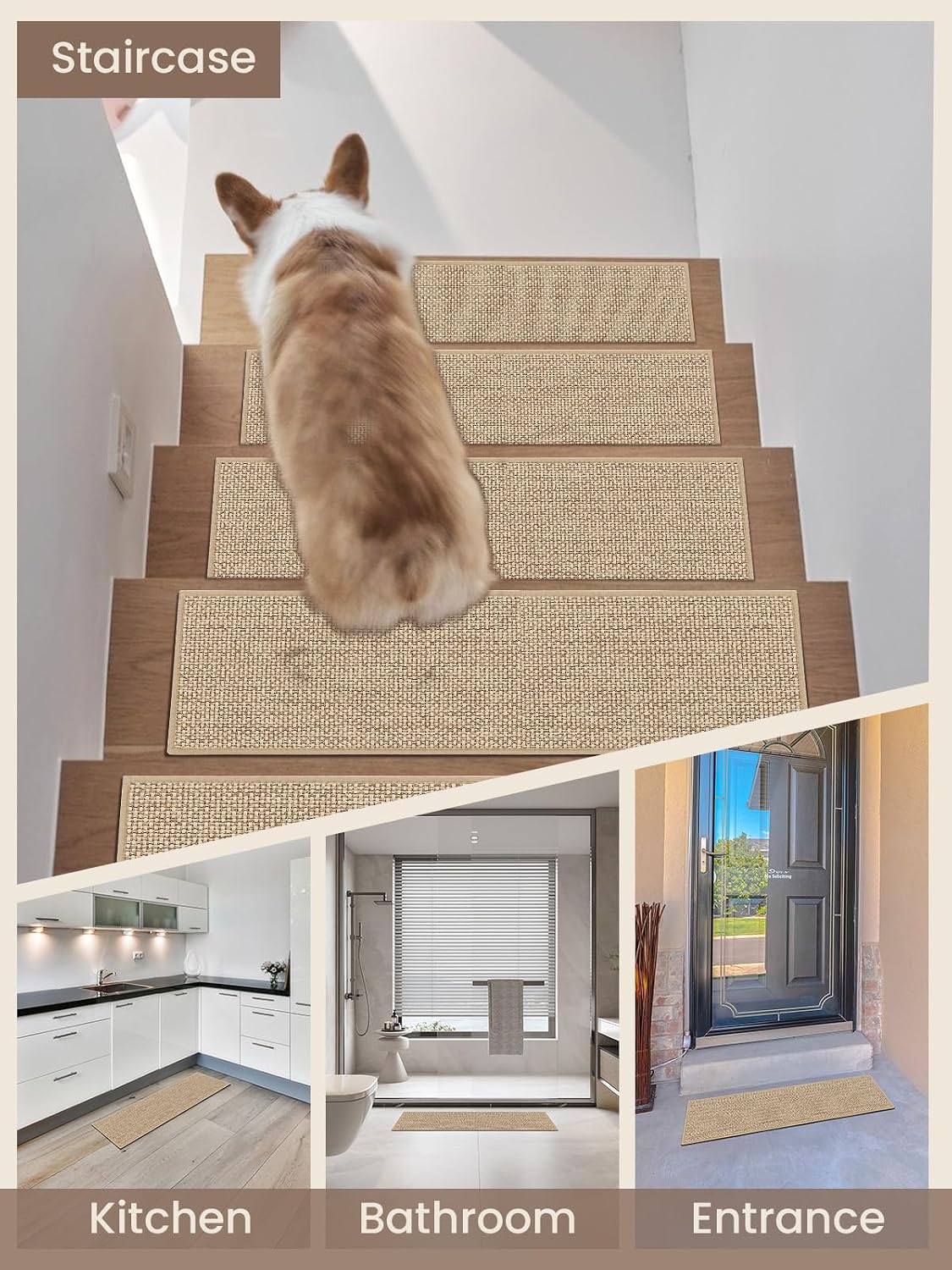 Stair Treads for Wooden Steps Indoor, Peel and Stick Stair Tread,Stair Runners, Non-Slip Carpet Stair-Treads for Kids, Elders & Pets, Machine Washable, Reusable(15PCS,30"x8",Beige)
