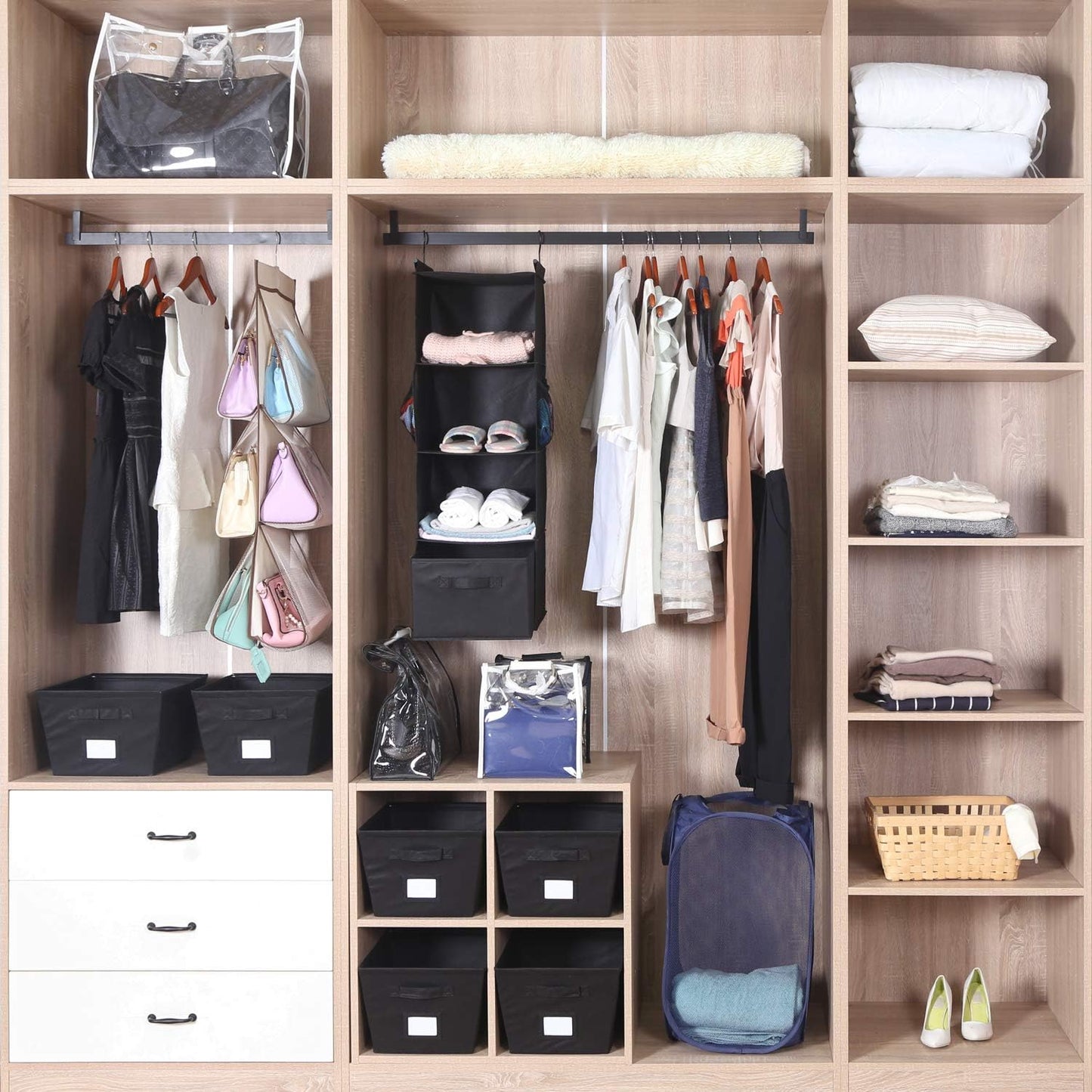 MAX Houser 4-Shelf Hanging Closet Organizer, Space Saver, Cloth Hanging Shelves with 2 Side Pockets, Foldable (Beige)