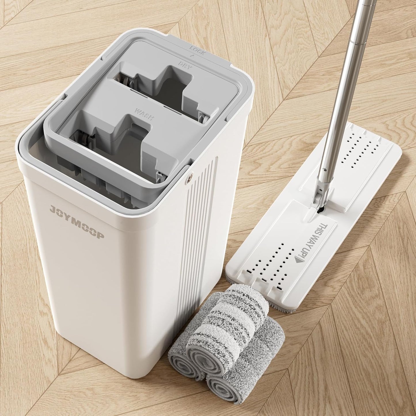 JOYMOOP Mop and Bucket Set, Flat Mops for Floor & Wall Cleaning, Commercial & Household Use, Hardwood Floor Mop with Long Handle & 4 Microfiber Pads