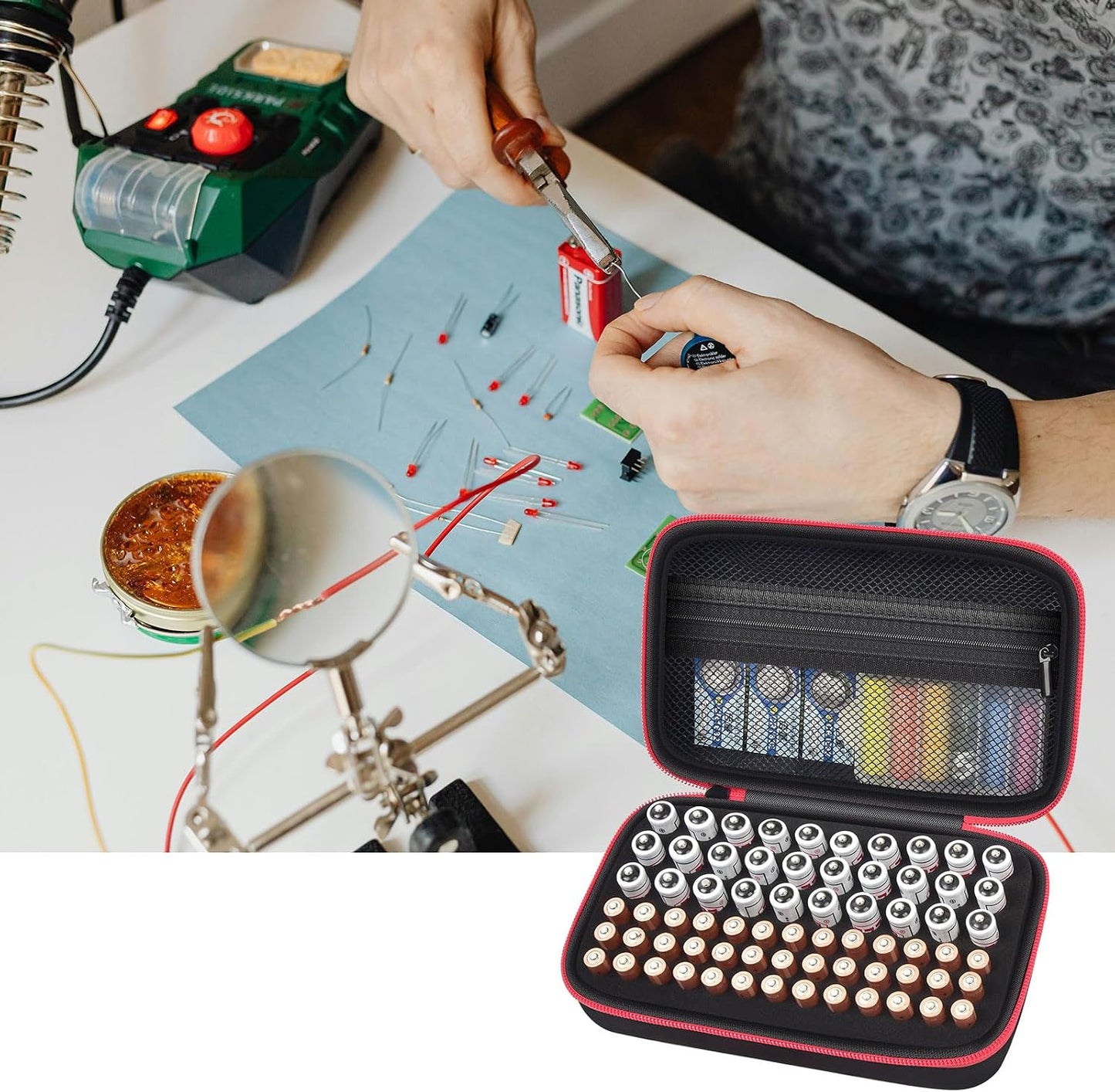 ALKOO 136+ Battery Organizer Storage Case with BT-168 Tester | AA AAA C D 9V & Button Cells Batteries Holder Box, Foam Protection, Home / Garage / Drawer Organization, Case Only, Red