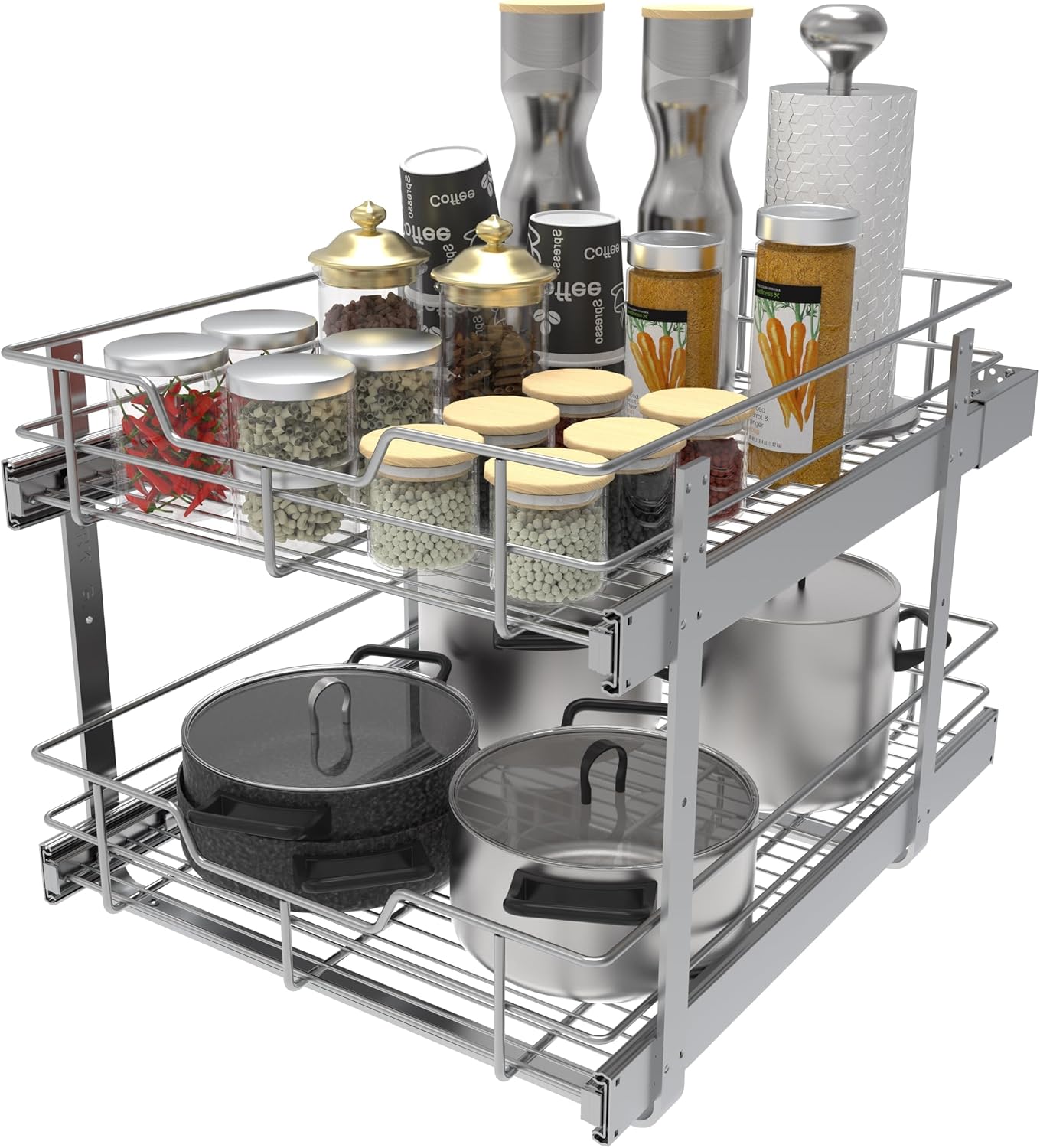 2 Tier Pull Out Cabinet Organizer 11" W X 22" D, Slide Out Drawers For Kitchen Cabinets, Pull Out Drawers For Cabinets Capacity Heavy Duty Caddy, Cabinet Pullout Shelves Chrome-Plated, Bathroom Pantry