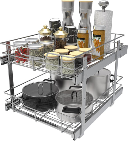 2 Tier Pull Out Cabinet Organizer 11" W X 22" D, Slide Out Drawers For Kitchen Cabinets, Pull Out Drawers For Cabinets Capacity Heavy Duty Caddy, Cabinet Pullout Shelves Chrome-Plated, Bathroom Pantry