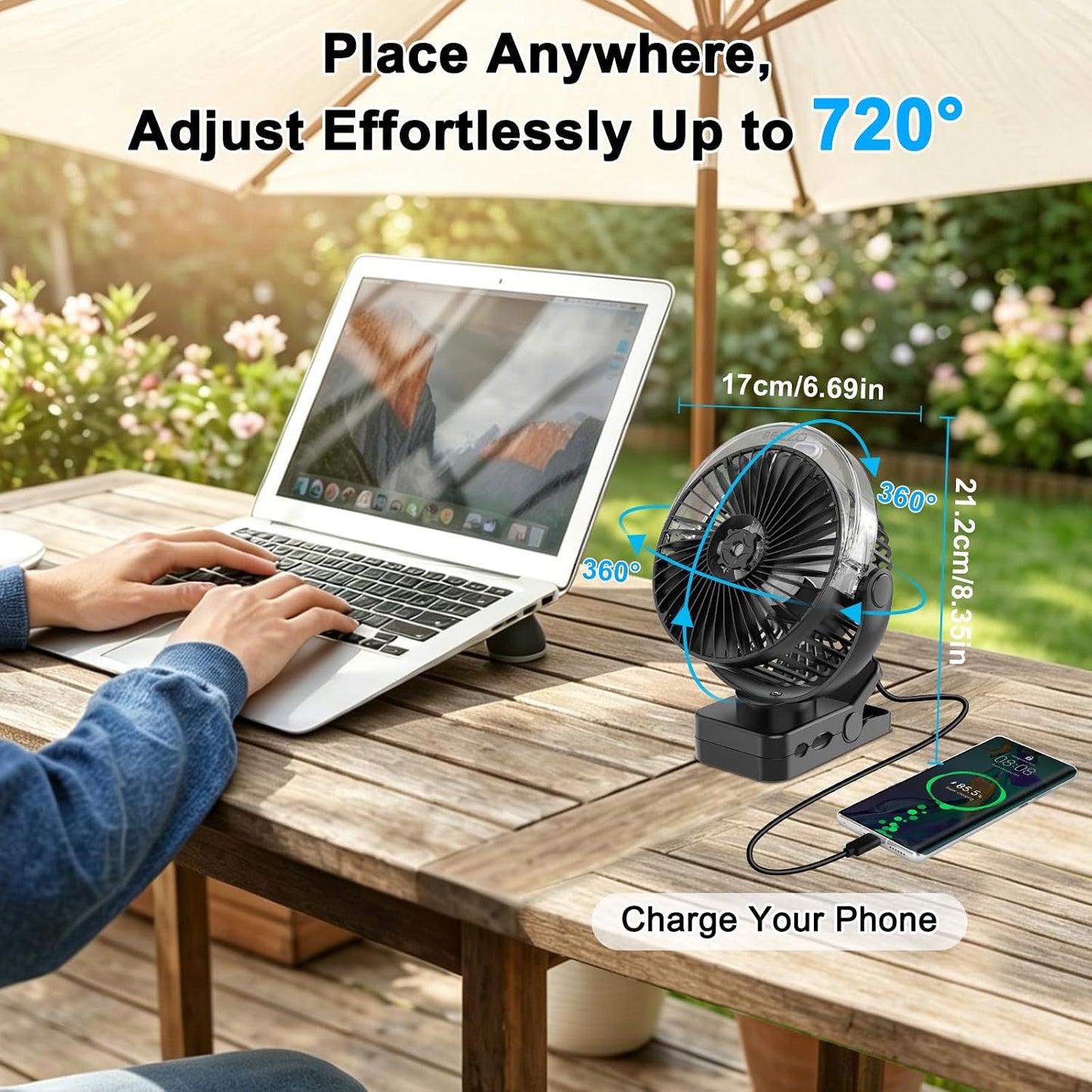 ELZO 12000mAh Clip on Fan, USB Desk Fan Rechargeable with LED Light & Hanging Hook & Magnetic & Spray function, Clip Fan Quiet 360° Rotation Portable for Desktop Stroller Office Tent Car RV